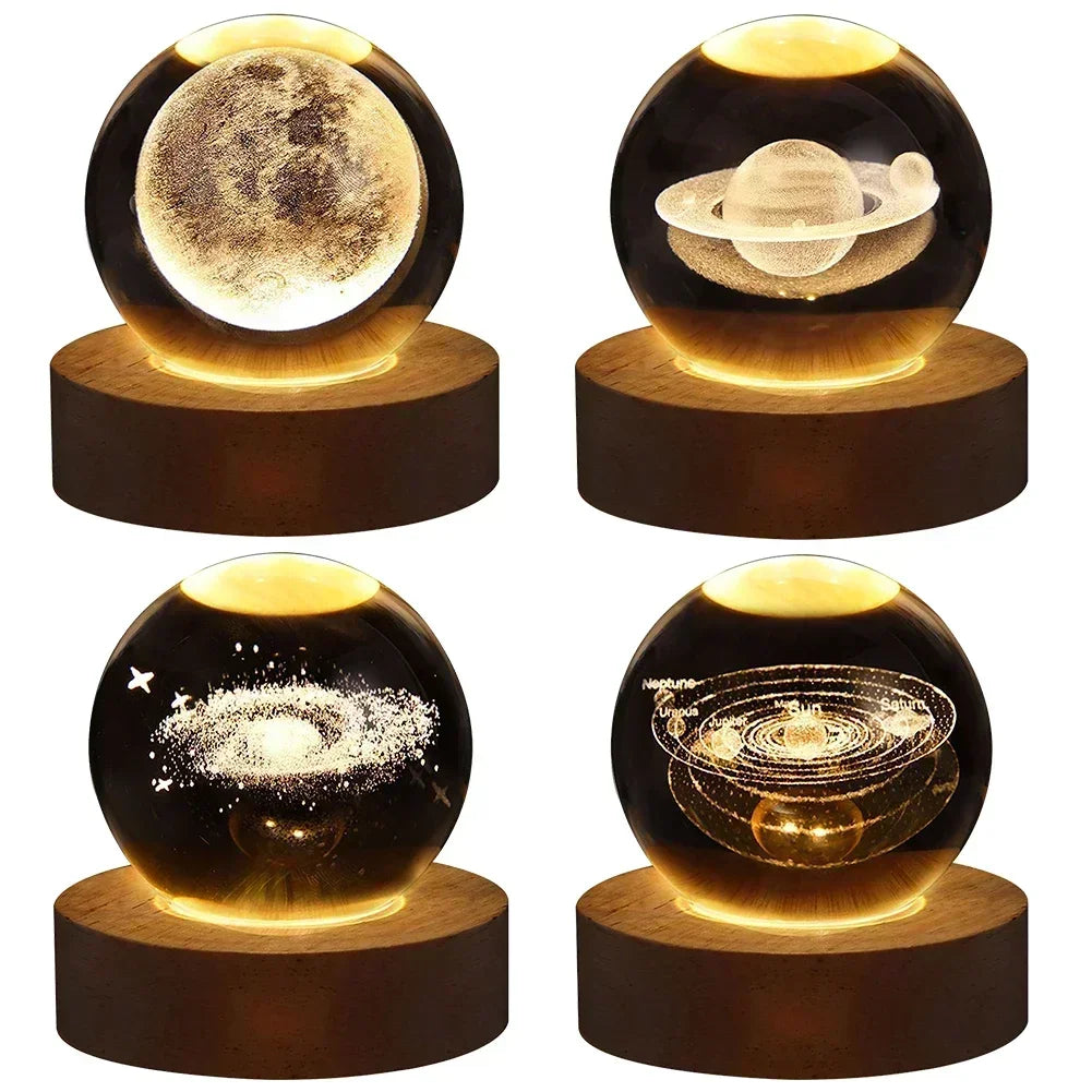 STELLARSPHERE Luminária de Cristal 3D com Base de Madeira