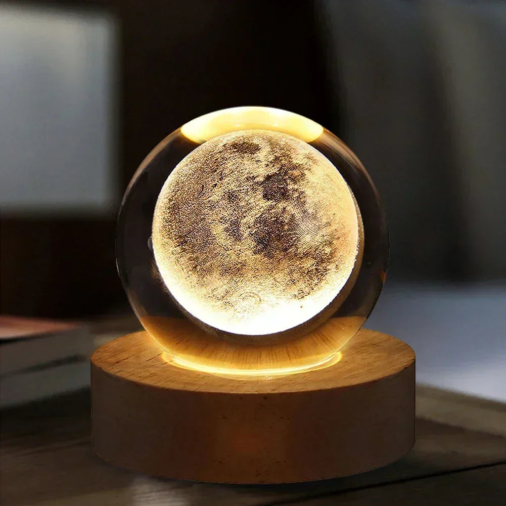 STELLARSPHERE Luminária de Cristal 3D com Base de Madeira