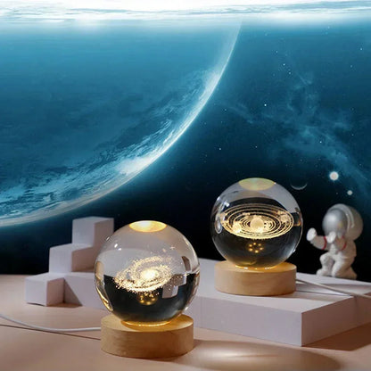 STELLARSPHERE  Luminária de Cristal 3D com Base de Madeira