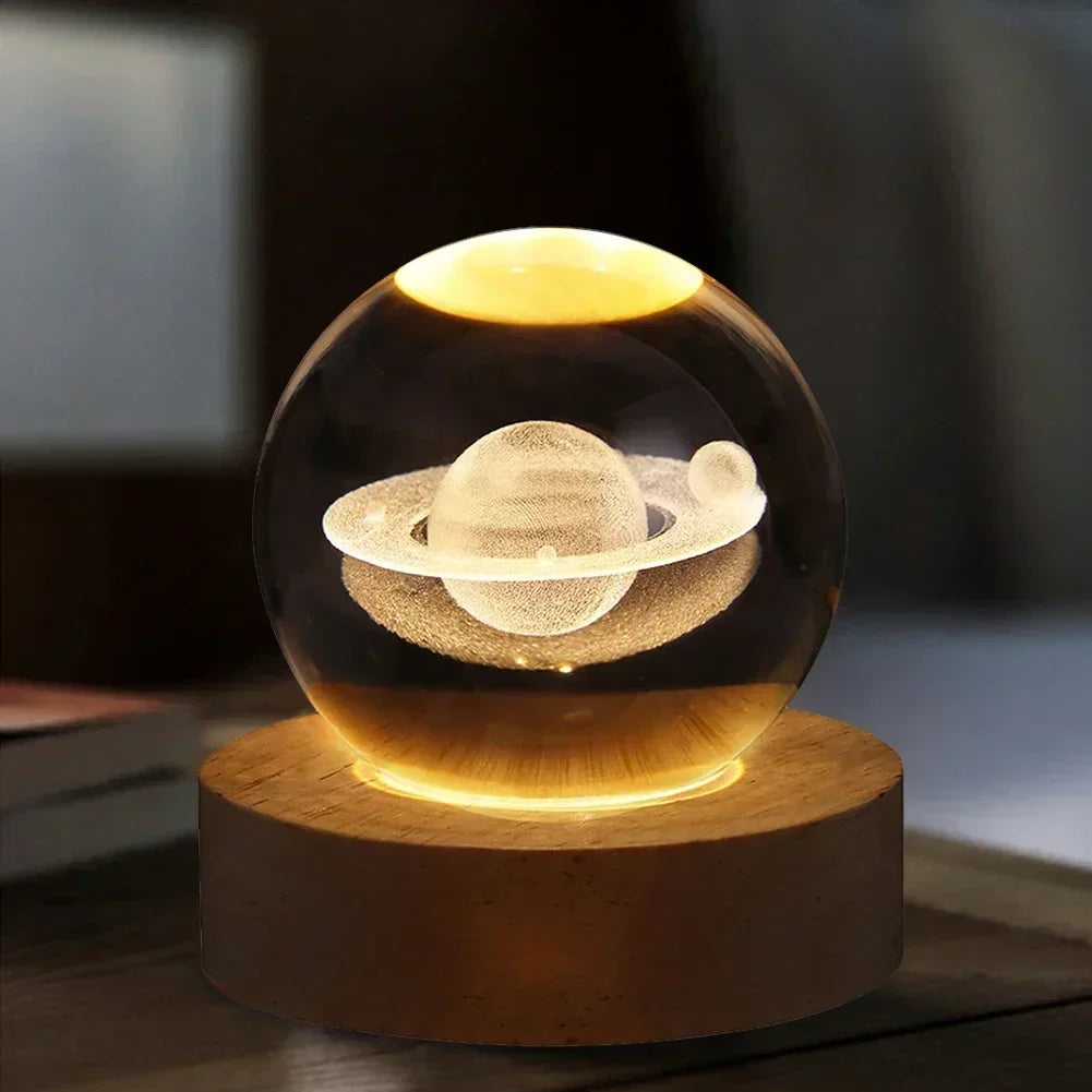 STELLARSPHERE  Luminária de Cristal 3D com Base de Madeira